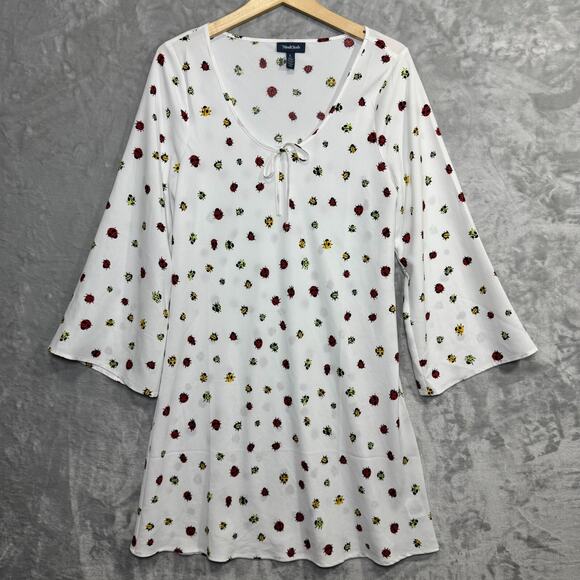 Modcloth Swarming Lady Bug Dress Womens Large White Bell Sleeve Semi Sheer Boho - Picture 1 of 10